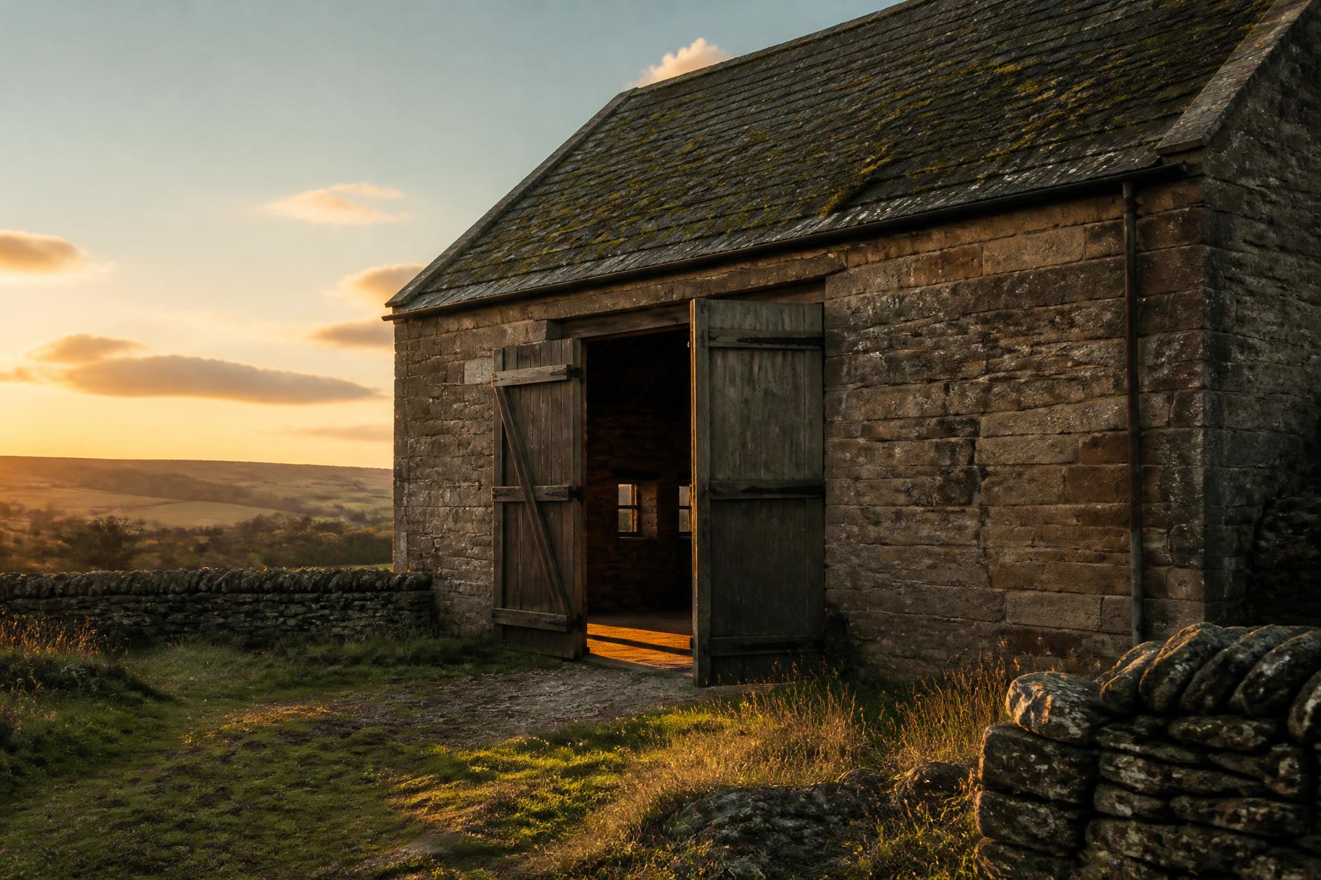 Stone barn at golden hour in the Northumberland countryside