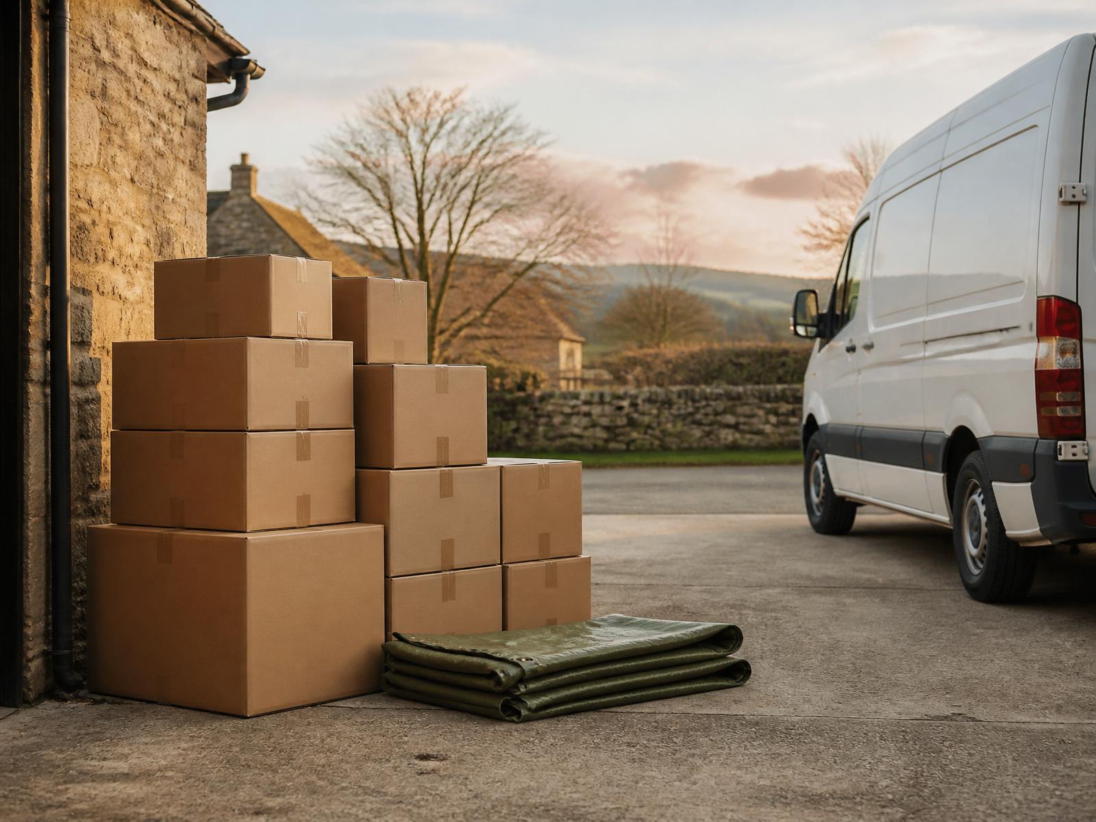 Stacked removal boxes and folded tarpaulin beside a white van